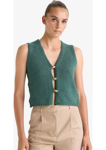 Fitted V Yaka Düğmeli Süveter G0934AX25AU