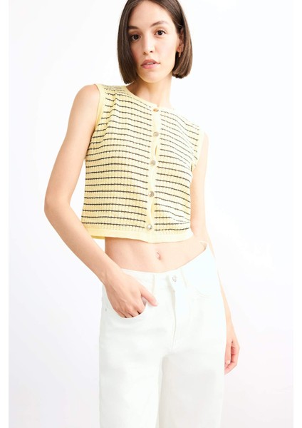 Bisiklet Yaka Çizgili Düğmeli Triko Yelek