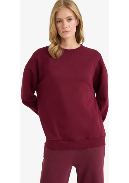 Oversize Geniş Kalıp Bisiklet Yaka Basic Düz Kalın Sweatshirt F9628AX25AU
