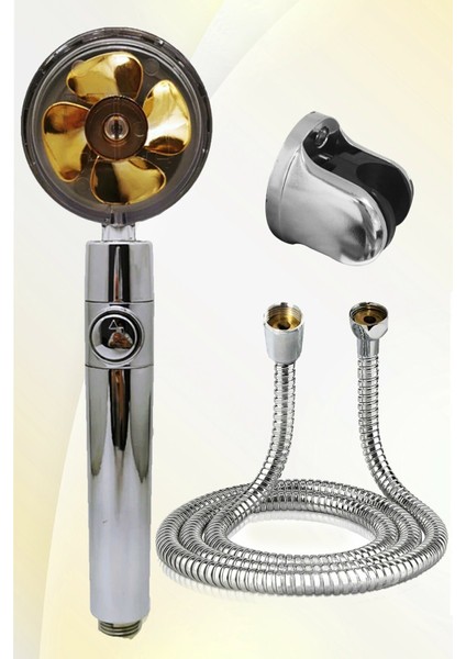 Altın Renkli Turbo Pervaneli Yeni Nesil Duş Başlığı ve Hortum Seti