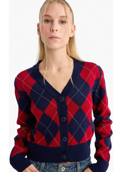 Fitted V Yaka Baklava Desenli Düğmeli Hırka F9566AX25WN