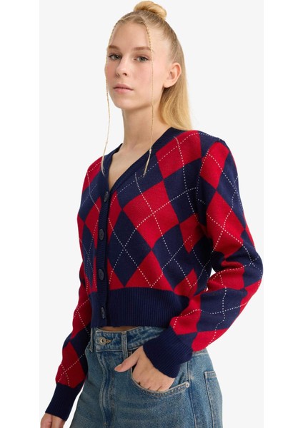 Fitted V Yaka Baklava Desenli Düğmeli Hırka F9566AX25WN