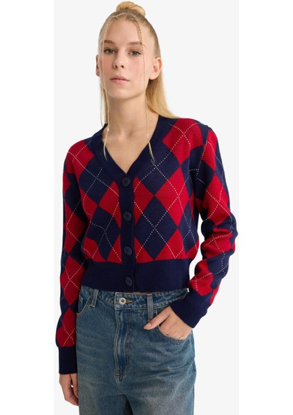 Fitted V Yaka Baklava Desenli Düğmeli Hırka F9566AX25WN