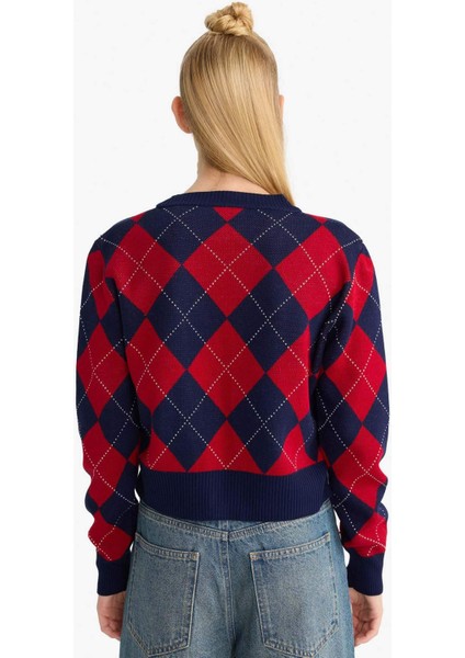 Fitted V Yaka Baklava Desenli Düğmeli Hırka F9566AX25WN