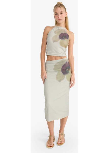 Coool Normal Bel Çiçek Desenli Tül Midi Kalem Etek G1192AX25HS