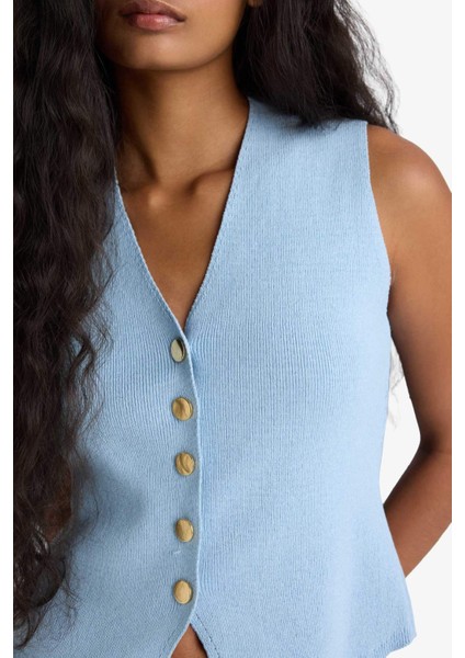 Fitted V Yaka Düğmeli Triko Yelek G1164AX25AU