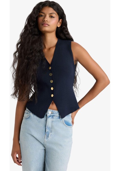 Fitted V Yaka Düğmeli Triko Yelek G1164AX25AU