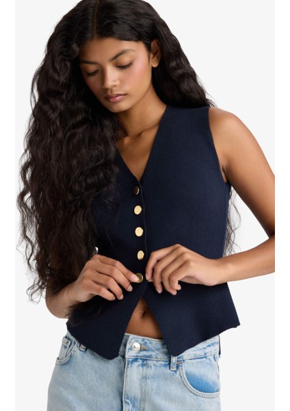 Fitted V Yaka Düğmeli Triko Yelek G1164AX25AU