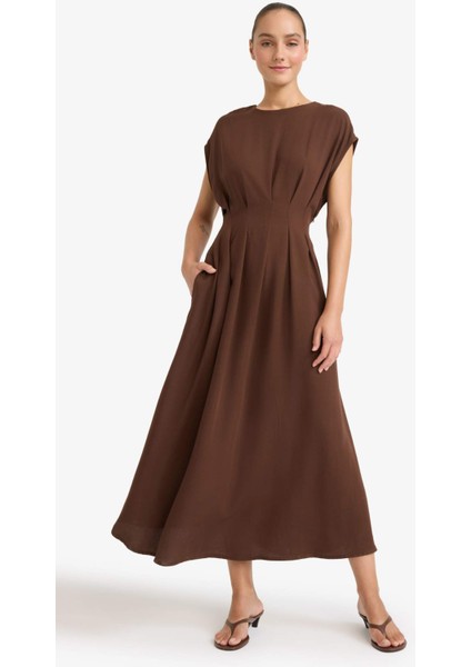 Bisiklet Yaka Keten Karışımlı Kısa Kollu Maxi Elbise G1461AX25AU