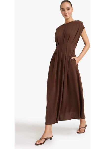 Bisiklet Yaka Keten Karışımlı Kısa Kollu Maxi Elbise G1461AX25AU