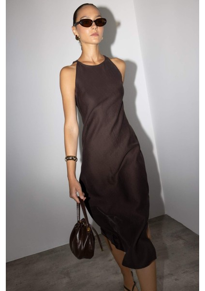 Halter Yaka Keten Kolsuz Maxi Elbise G1456AX25AU