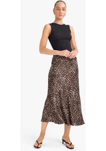 A Kesim Normal Bel Leopar Desenli Saten Midi Etek D7648AX25AU