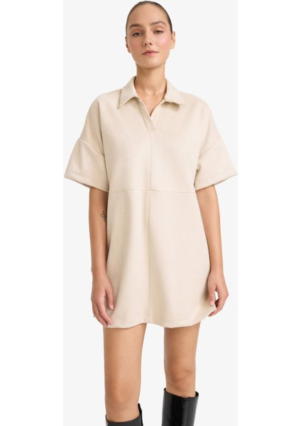 A Kesim Polo Yaka Süet Kısa Kollu Mini Elbise G1680AX25AU