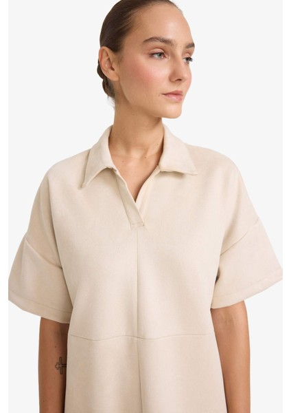 A Kesim Polo Yaka Süet Kısa Kollu Mini Elbise G1680AX25AU