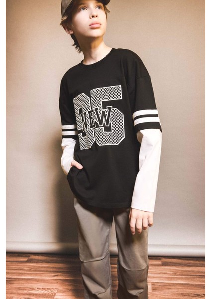 Erkek Çocuk Oversize Geniş Kalıp Bisiklet Yaka Baskılı Uzun Kollu Tişört G1687A825AU