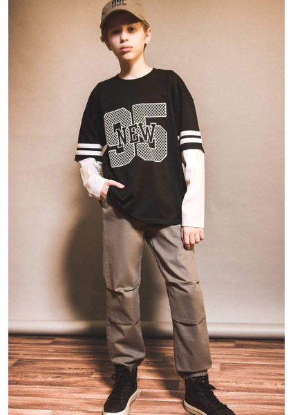 Erkek Çocuk Oversize Geniş Kalıp Bisiklet Yaka Baskılı Uzun Kollu Tişört G1687A825AU