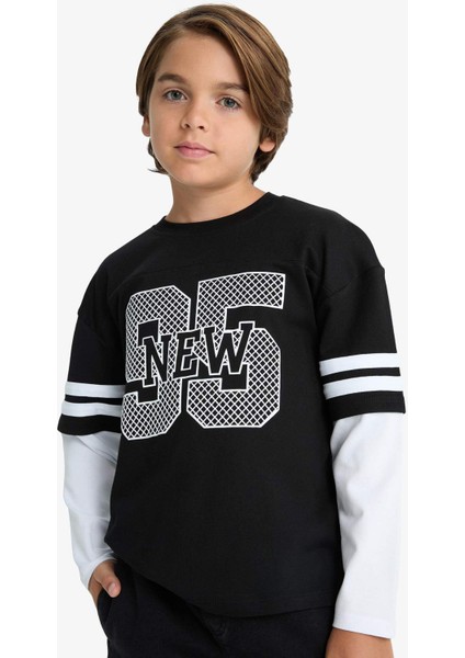 Erkek Çocuk Oversize Geniş Kalıp Bisiklet Yaka Baskılı Uzun Kollu Tişört G1687A825AU