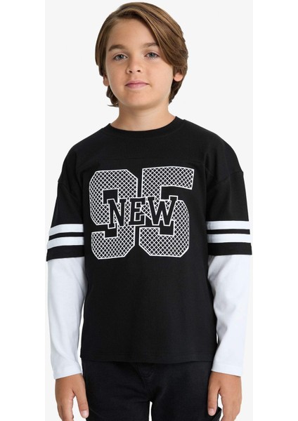 Erkek Çocuk Oversize Geniş Kalıp Bisiklet Yaka Baskılı Uzun Kollu Tişört G1687A825AU