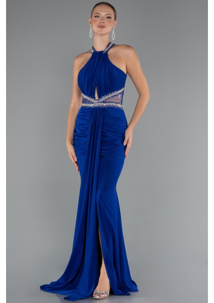 Halter Yaka Bacak Dekolteli Uzun Abiye Elbise ABU5258