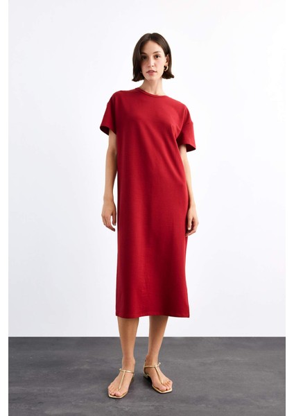 Bisiklet Yaka Basic Düz Kısa Kollu Midi Elbise G1059AX25SM