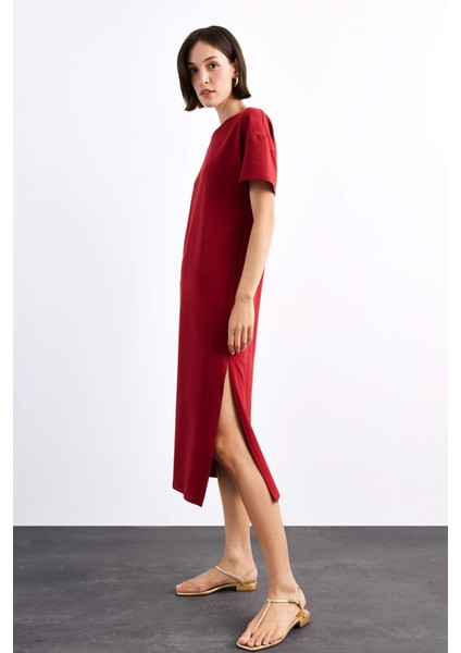 Bisiklet Yaka Basic Düz Kısa Kollu Midi Elbise G1059AX25SM