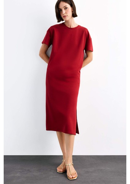 Bisiklet Yaka Basic Düz Kısa Kollu Midi Elbise G1059AX25SM