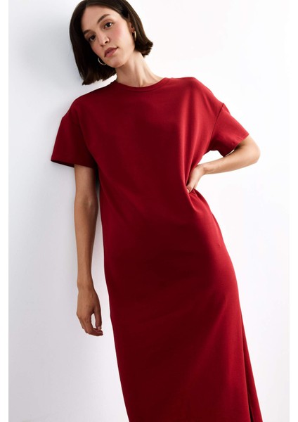 Bisiklet Yaka Basic Düz Kısa Kollu Midi Elbise G1059AX25SM