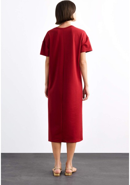 Bisiklet Yaka Basic Düz Kısa Kollu Midi Elbise G1059AX25SM