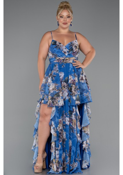 Bacak Dekolteli Uzun Desenli Büyük Beden Abiye ABU5266