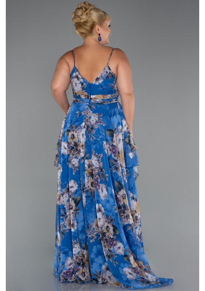 Bacak Dekolteli Uzun Desenli Büyük Beden Abiye ABU5266 fiyatları