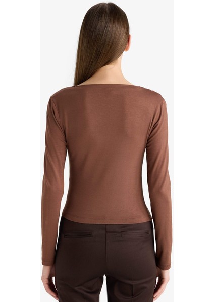 Slim Fit Dar Kesim Kayık Yaka Uzun Kollu Bluz D5300AX25AU