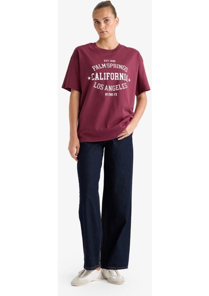 Oversize Geniş Kalıp Bisiklet Yaka Baskılı Kısa Kollu Tişört