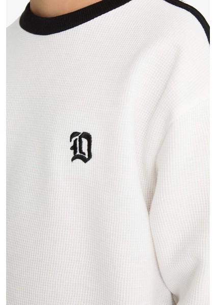 Erkek Çocuk Oversize Geniş Kalıp Bisiklet Yaka Aplike Waffle Uzun Kollu Tişört G1807A825AU