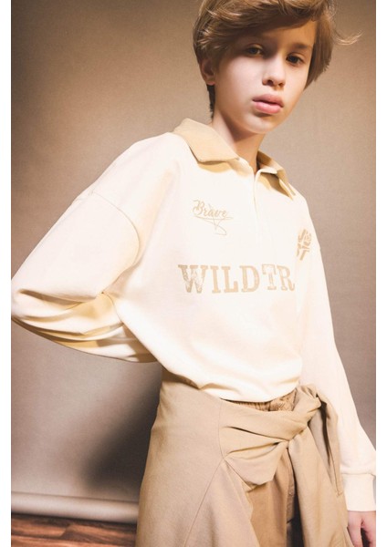 Erkek Çocuk Oversize Geniş Kalıp Polo Yaka Baskılı Uzun Kollu Tişört G1815A825AU