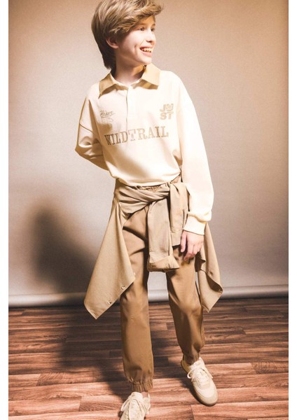 Erkek Çocuk Oversize Geniş Kalıp Polo Yaka Baskılı Uzun Kollu Tişört G1815A825AU