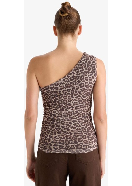 Slim Fit Dar Kesim Leopar Desenli Tek Omuzlu Tül Bluz G2546AX25WN
