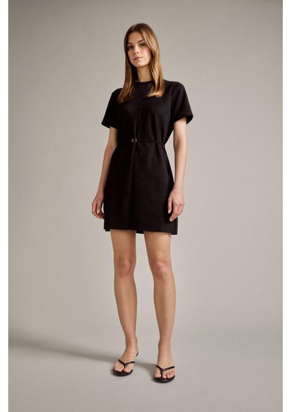 Bisiklet Yaka Kemerli Kısa Kollu Mini Süet Elbise G2750AX25AU