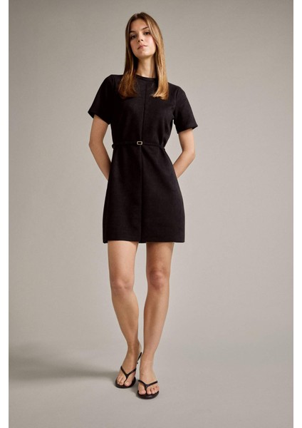 Bisiklet Yaka Kemerli Kısa Kollu Mini Süet Elbise G2750AX25AU