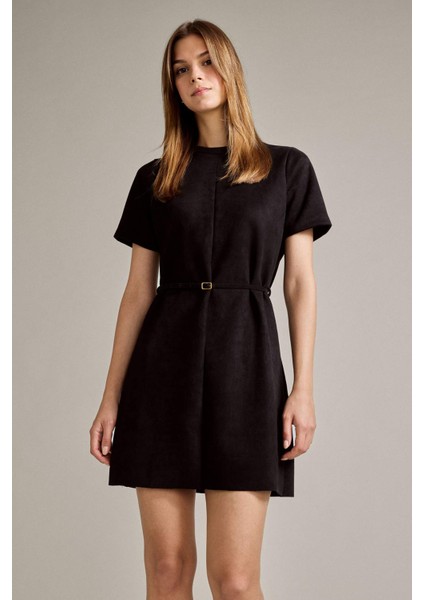 Bisiklet Yaka Kemerli Kısa Kollu Mini Süet Elbise G2750AX25AU