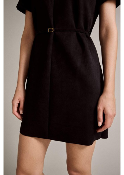 Bisiklet Yaka Kemerli Kısa Kollu Mini Süet Elbise G2750AX25AU