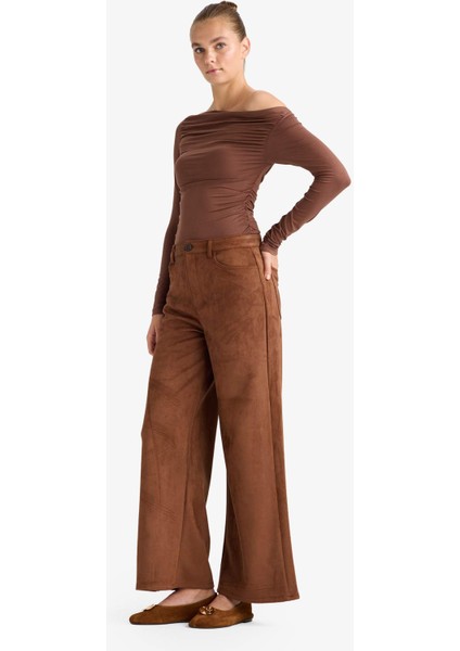 Straight Fit Fermuarlı Yüksek Bel Standart Boy Süet Pantolon E7234AX25AU