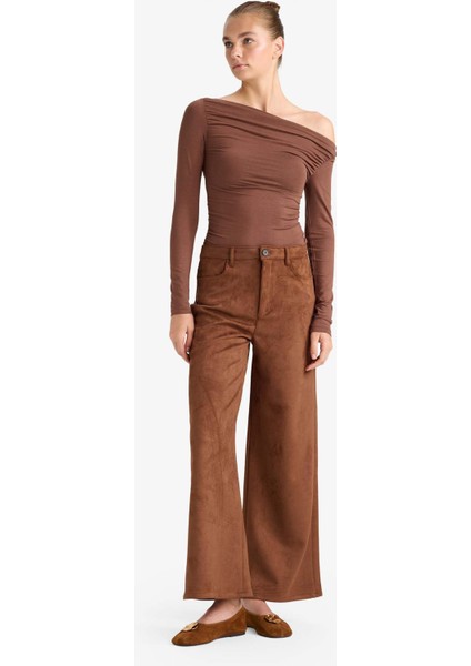 Straight Fit Fermuarlı Yüksek Bel Standart Boy Süet Pantolon E7234AX25AU