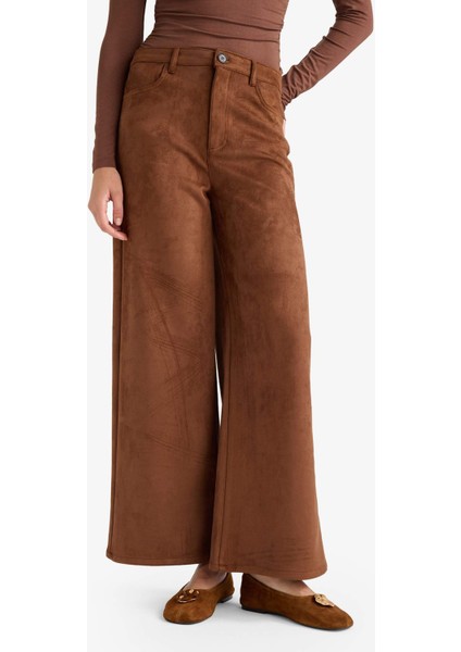 Straight Fit Fermuarlı Yüksek Bel Standart Boy Süet Pantolon E7234AX25AU