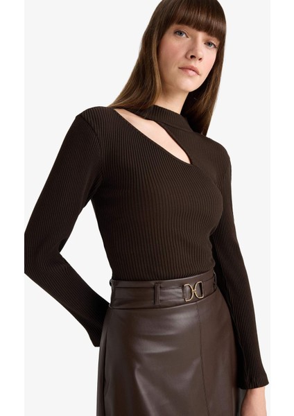 Slim Fit Dar Kesim Bisiklet Yaka Fitilli Kaşkorse Uzun Kollu Tişört C8473AX25AU