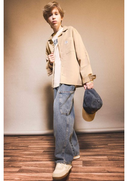 Erkek Çocuk Oversize Geniş Kalıp Polo Yaka Uzun Kollu Gömlek