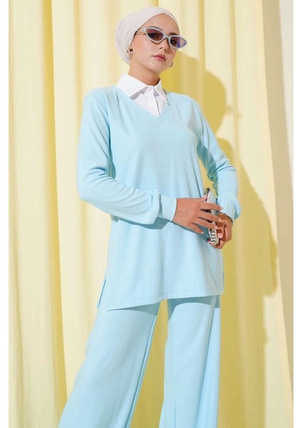 Gömlek Yaka Fitilli Salaş Ikili Takım Buz Mavisi T4300 modelleri