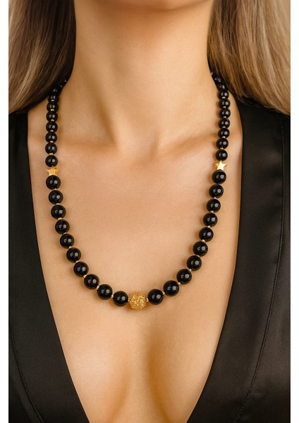 Altın Kaplama Ara Aparatlı Siyah Inci Kolye