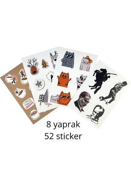 Sticker Seti 8’li– Atatürk, Yılbaşı, Kahve ve Kedi Temalı Dekoratif Çıkartmalar modelleri