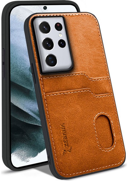 Samsung Galaxy S22 Ultra Kılıf Zebana Kartlıklı Lüx Deri Kılıf Turuncu