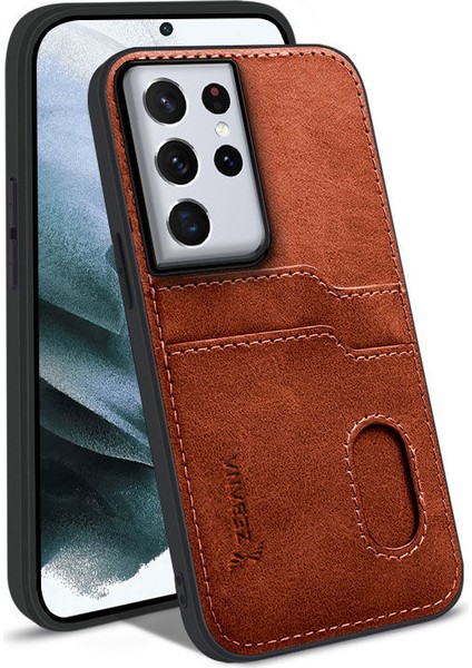 Samsung Galaxy S22 Ultra Kılıf Zebana Kartlıklı Lüx Deri Kılıf Kahverengi